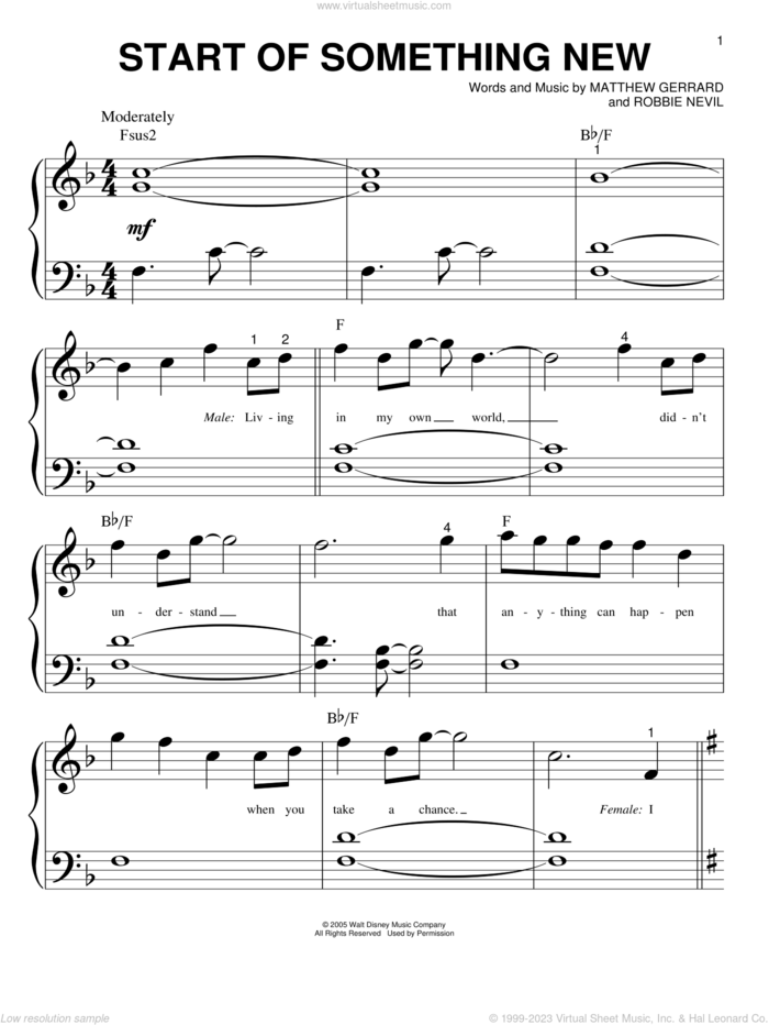 Start Of Something New sheet music for piano solo (big note book) by High School Musical, Matthew Gerrard and Robbie Nevil, easy piano (big note book)