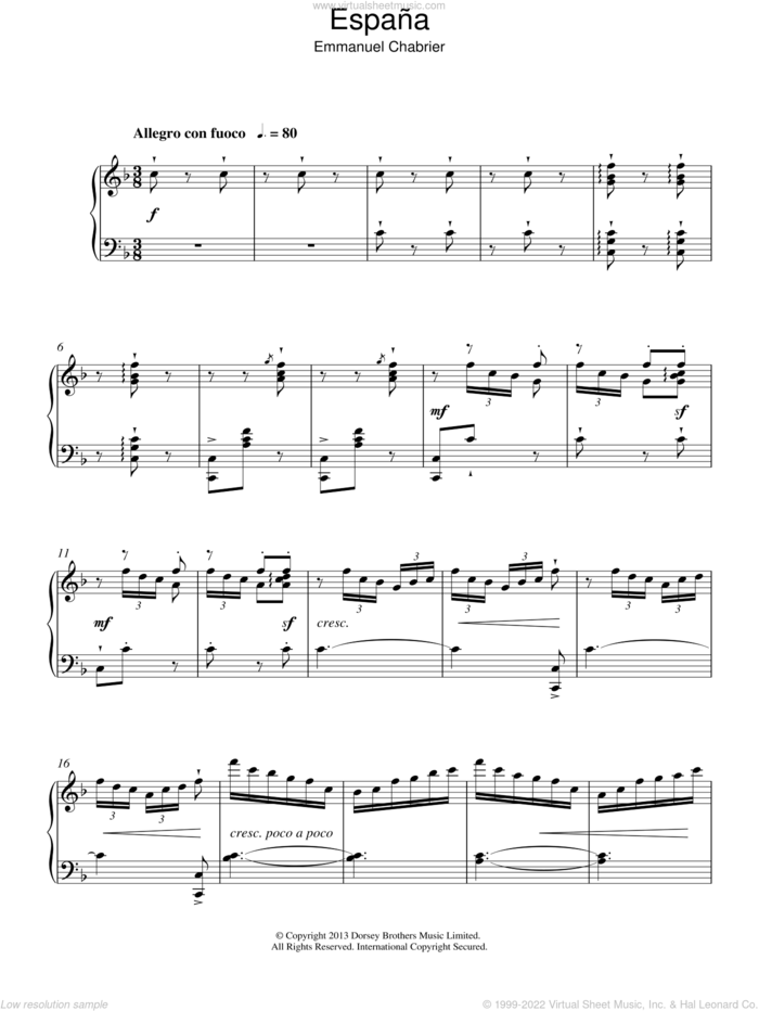 Espana sheet music for piano solo by Emmanuel Chabrier, classical score, intermediate skill level