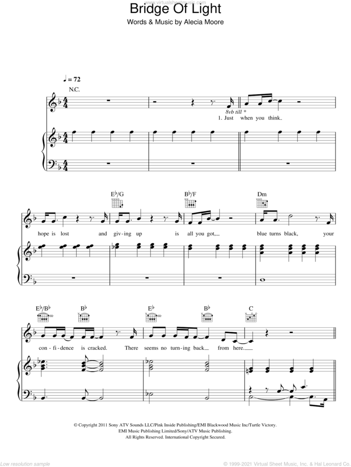 Bridge Of Light sheet music for voice, piano or guitar by Alecia Moore, Miscellaneous and Billy Mann, intermediate skill level