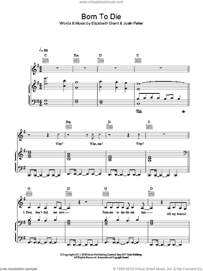 Born To Die sheet music for voice, piano or guitar by Lana Del Rey, Elizabeth Grant and Justin Parker, intermediate skill level