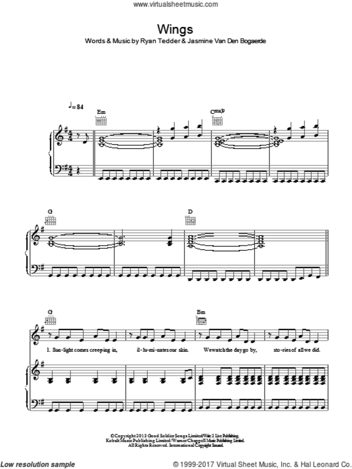 Wings sheet music for voice, piano or guitar by Birdy, Jasmine Van Den Bogaerde and Ryan Tedder, intermediate skill level