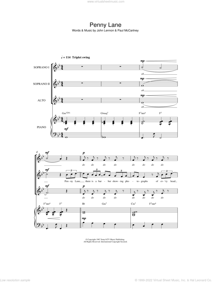 Penny Lane (arr. Simon Foxley) sheet music for choir (SSA: soprano, alto) by The Beatles, Simon Foxley, John Lennon and Paul McCartney, intermediate skill level