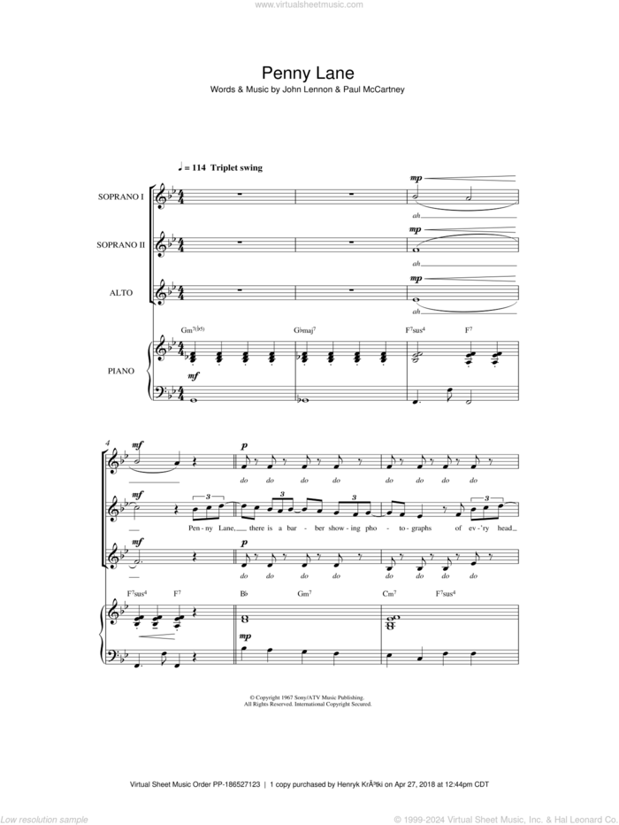 Penny Lane (arr. Simon Foxley) sheet music for choir (SSA: soprano, alto) by The Beatles, Simon Foxley, John Lennon and Paul McCartney, intermediate skill level