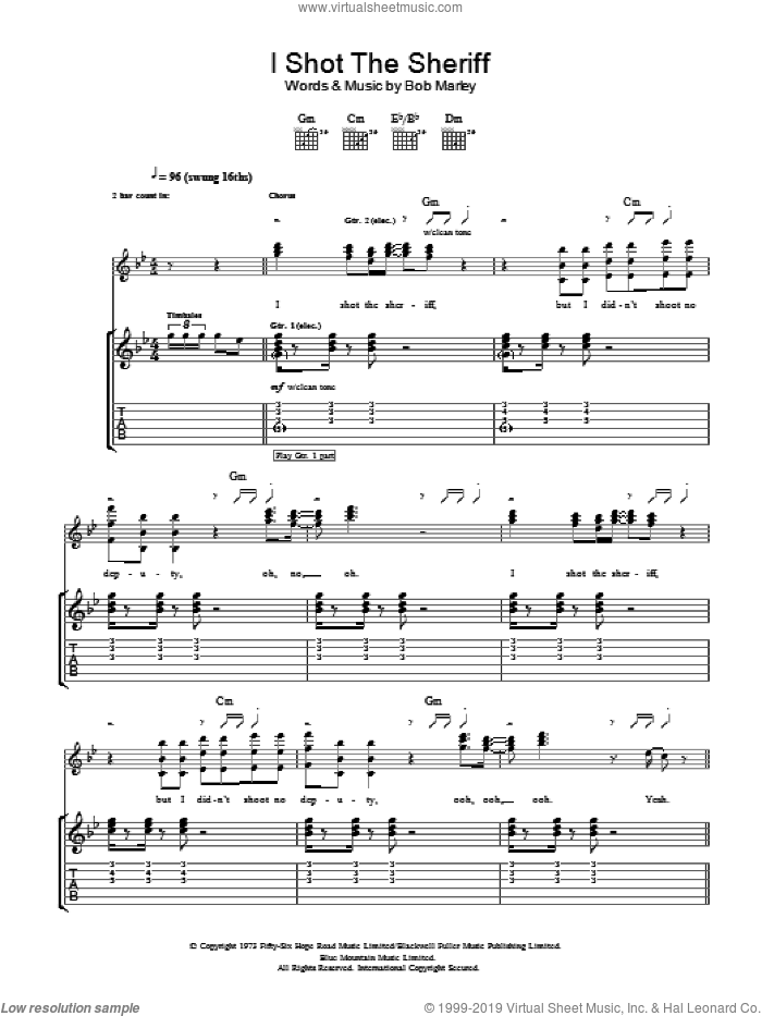 I Shot The Sheriff sheet music for guitar (tablature) by Bob Marley, intermediate skill level