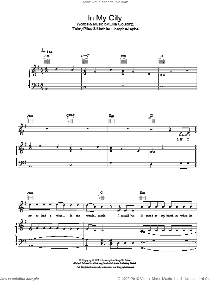 In My City sheet music for voice, piano or guitar by Ellie Goulding, Mathieu Jomphe-Lepine and Talay Riley, intermediate skill level