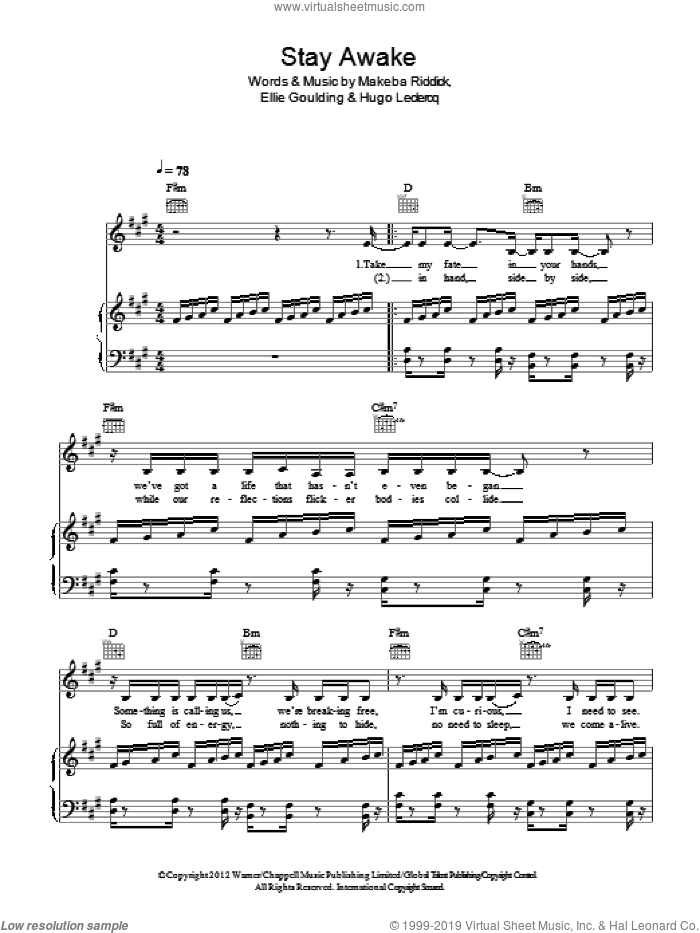 Stay Awake sheet music for voice, piano or guitar by Ellie Goulding, Hugo Leclercq and Makeba Riddick, intermediate skill level