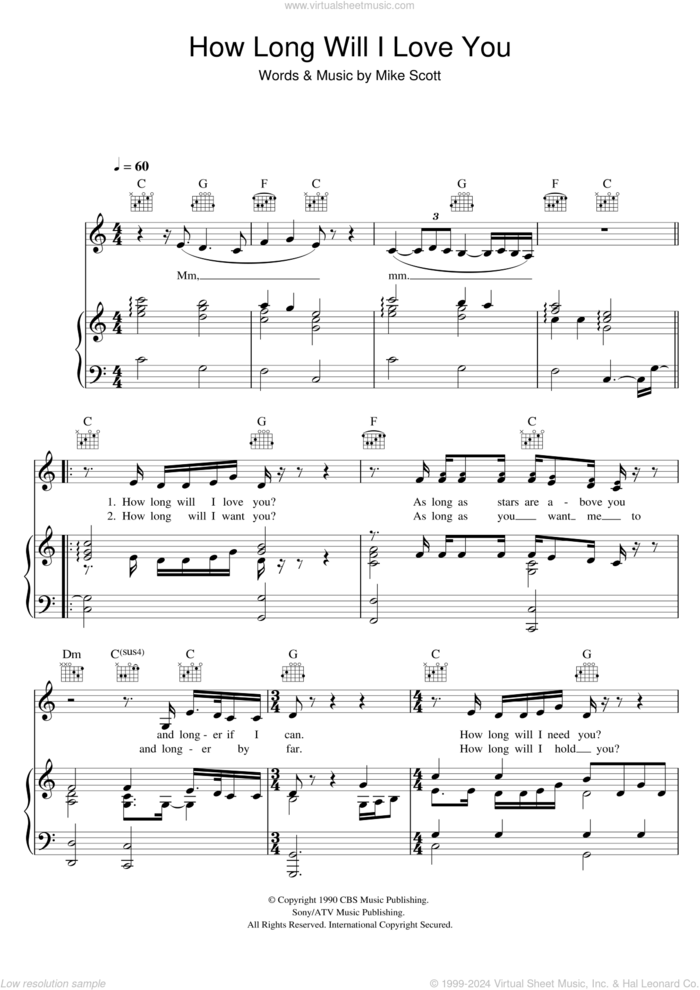 How Long Will I Love You sheet music for voice, piano or guitar by Ellie Goulding and Mike Scott, wedding score, intermediate skill level