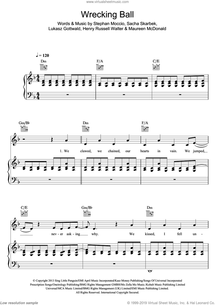 Wrecking Ball sheet music for voice, piano or guitar by Miley Cyrus, Henry Russell Walter, Lukasz Gottwald, Maureen McDonald, Sacha Skarbek and Stephan Moccio, intermediate skill level