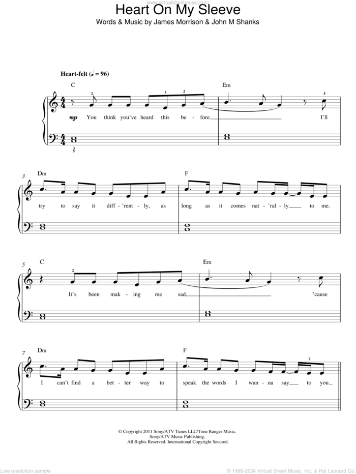 Heart On My Sleeve sheet music for piano solo by Olly Murs, James Morrison and John Shanks, easy skill level