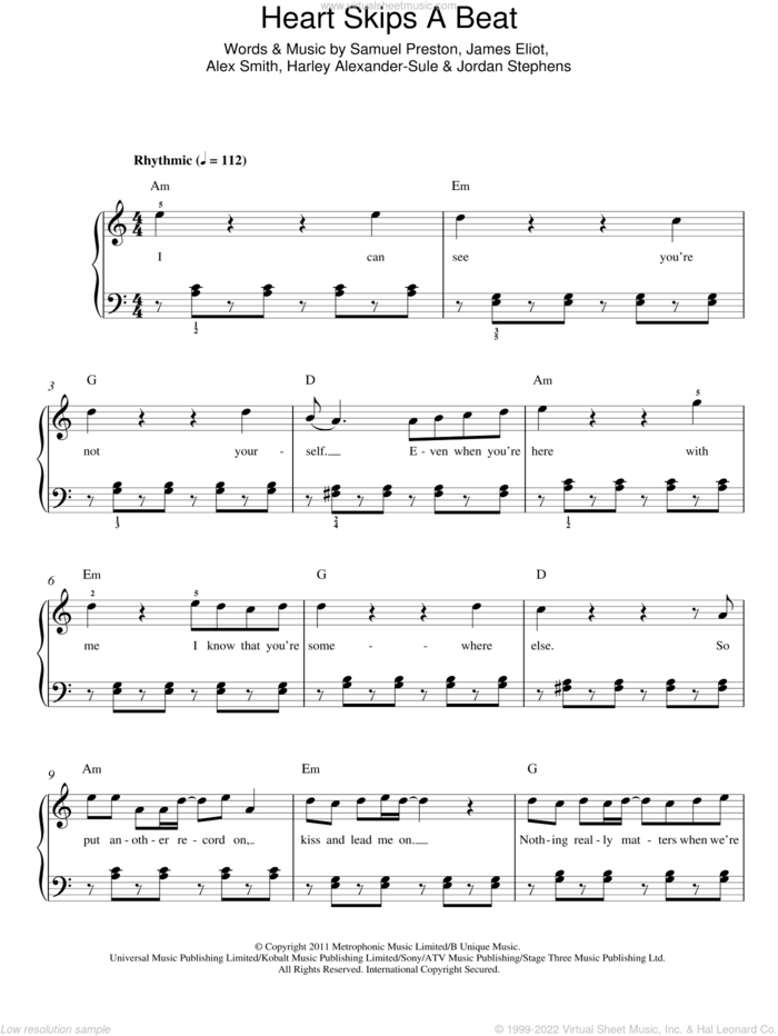 Heart Skips A Beat sheet music for piano solo by Olly Murs, Alex Smith, Harley Alexander-Sule, James Eliot, Jordan Stephens and Samuel Preston, easy skill level