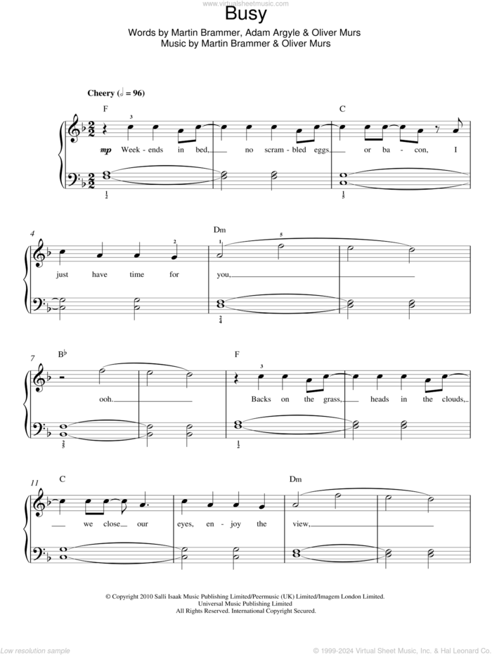 Busy sheet music for piano solo by Olly Murs, Adam Argyle, Martin Brammer and Oliver Murs, easy skill level