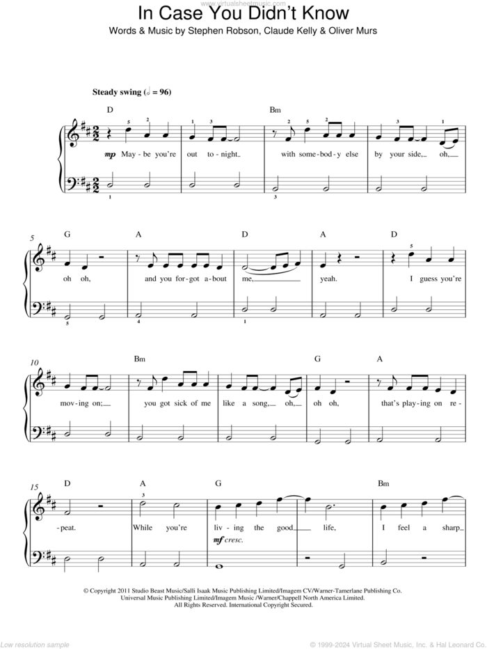 In Case You Didn't Know sheet music for piano solo by Olly Murs, Claude Kelly, Oliver Murs and Steve Robson, easy skill level