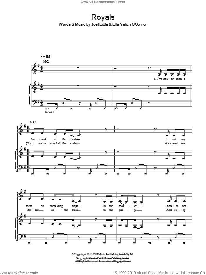 Royals sheet music for voice, piano or guitar by Lorde and Joel Little, intermediate skill level
