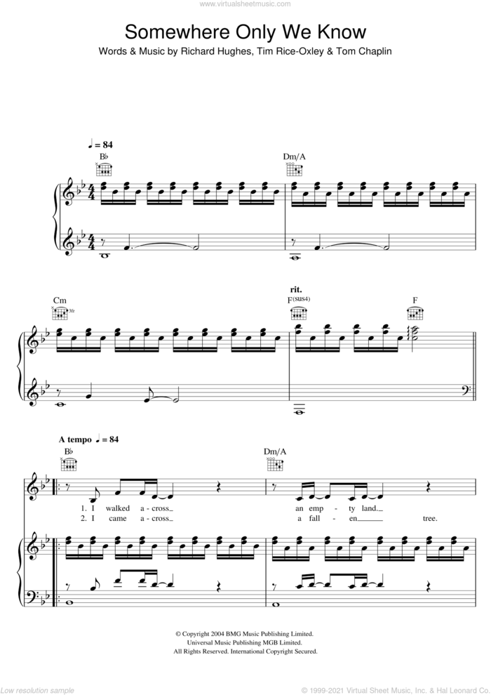 Somewhere Only We Know sheet music for voice, piano or guitar by Lily Allen, Richard Hughes, Tim Rice-Oxley and Tom Chaplin, intermediate skill level
