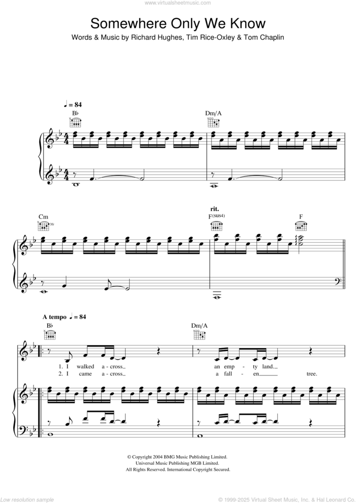 Somewhere Only We Know sheet music for voice, piano or guitar by Lily Allen, Richard Hughes, Tim Rice-Oxley and Tom Chaplin, intermediate skill level