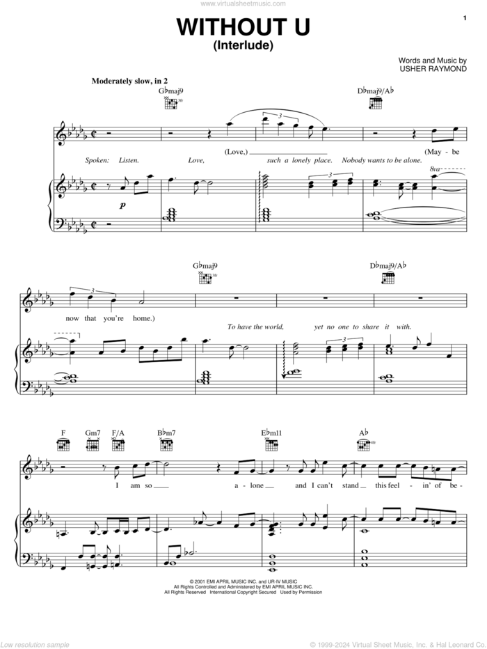 Without U (Interlude) sheet music for voice, piano or guitar by Gary Usher and Usher Raymond, intermediate skill level