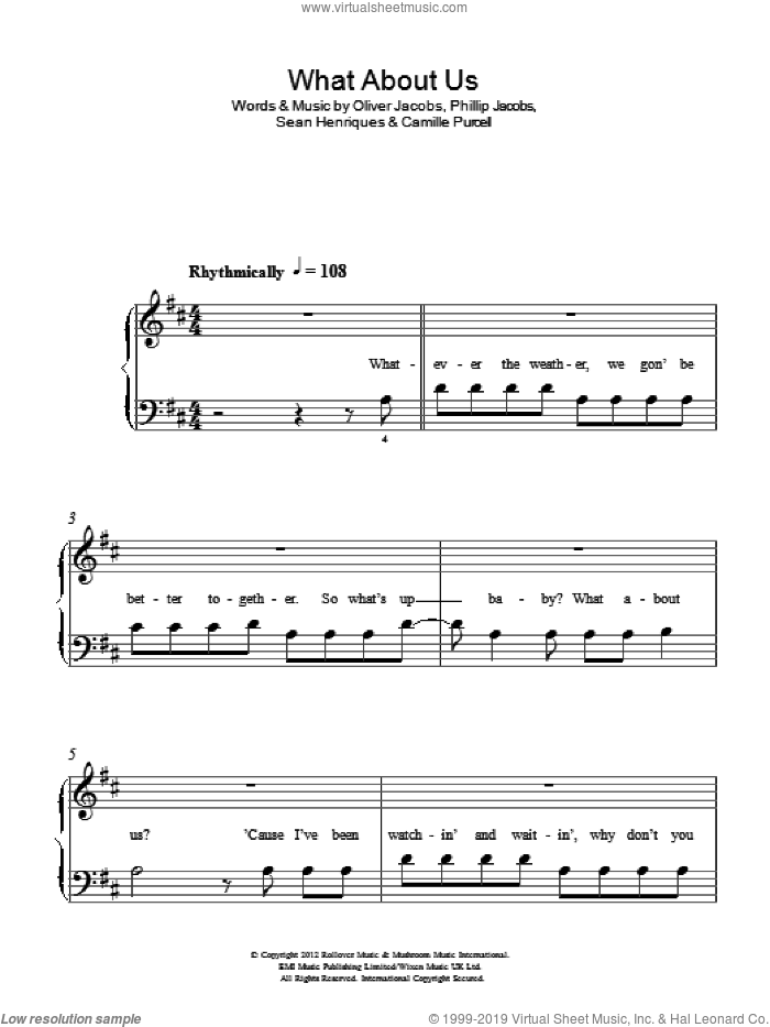 What About Us (Featuring Sean Paul) sheet music for piano solo by The Saturdays, Camille Purcell, Oliver Jacobs, Phillip Jacobs and Sean Henriques, easy skill level
