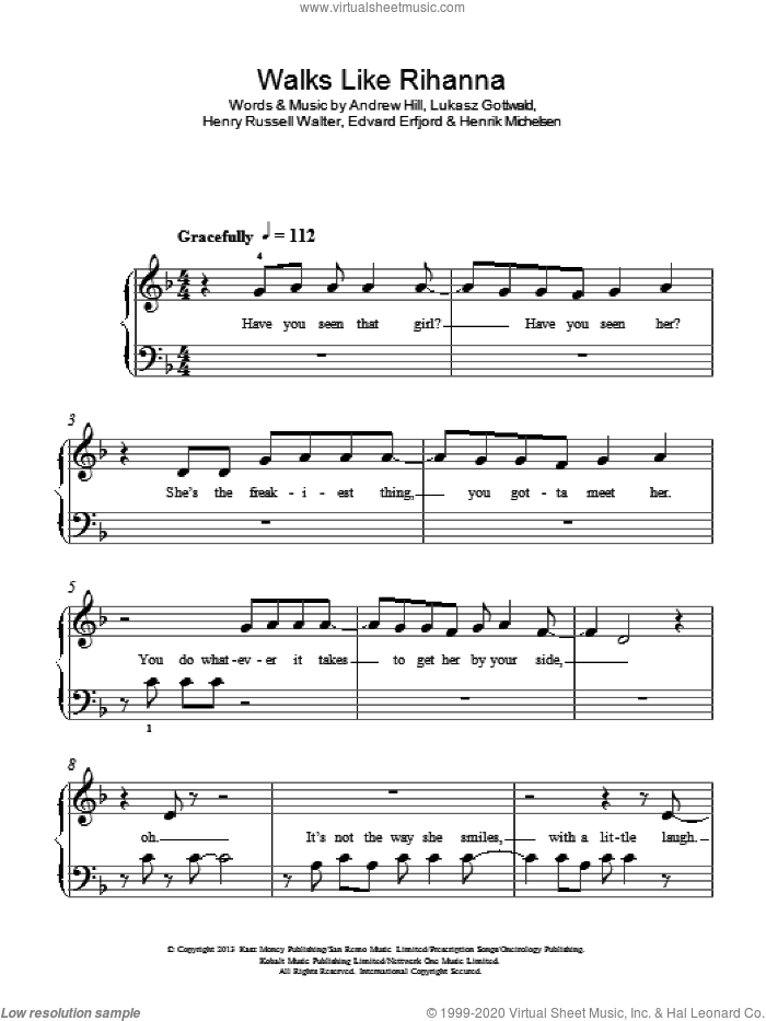 Walks Like Rihanna sheet music for piano solo by The Wanted, Andrew Hill, Edvard Erfjord, Henrik Michelsen, Henry Russell Walter and Lukasz Gottwald, easy skill level