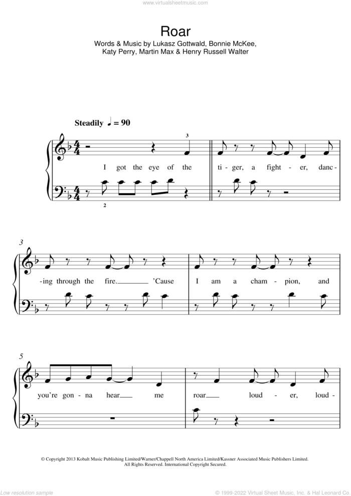 Roar sheet music for piano solo (5-fingers) by Katy Perry, Bonnie McKee, Henry Russell Walter, Lukasz Gottwald and Martin Max, beginner piano (5-fingers)