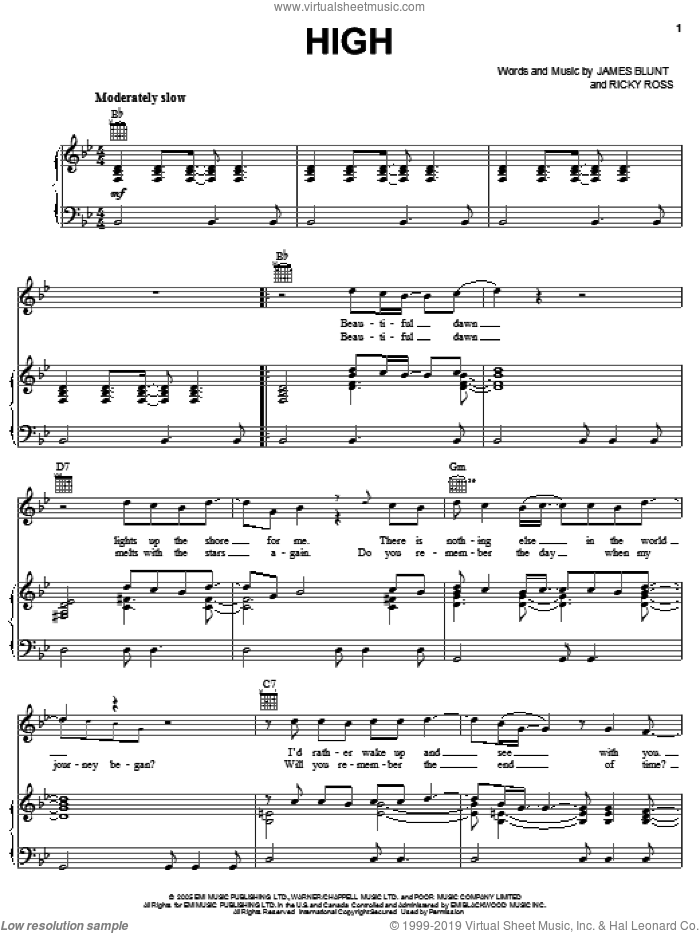 High sheet music for voice, piano or guitar by James Blunt and Ricky Ross, intermediate skill level