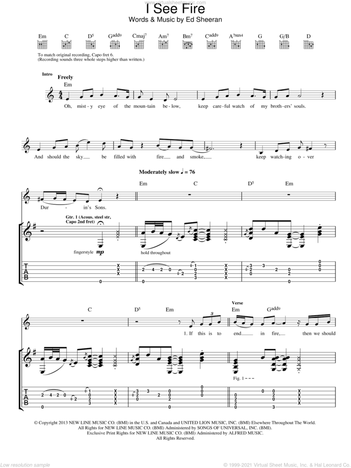 I See Fire (from The Hobbit) sheet music for guitar (tablature) by Ed Sheeran, intermediate skill level