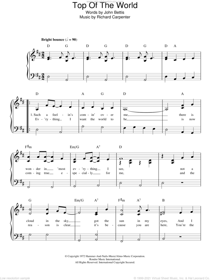 Top Of The World sheet music for piano solo by Richard Carpenter, Carpenters and John Bettis, easy skill level