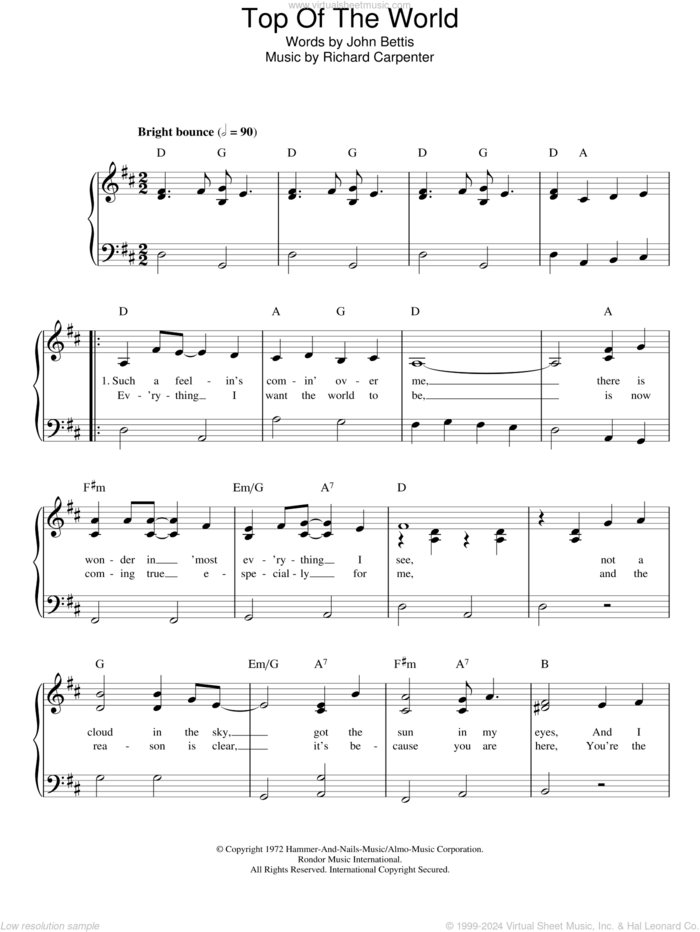 Top Of The World sheet music for piano solo by Richard Carpenter, Carpenters and John Bettis, easy skill level