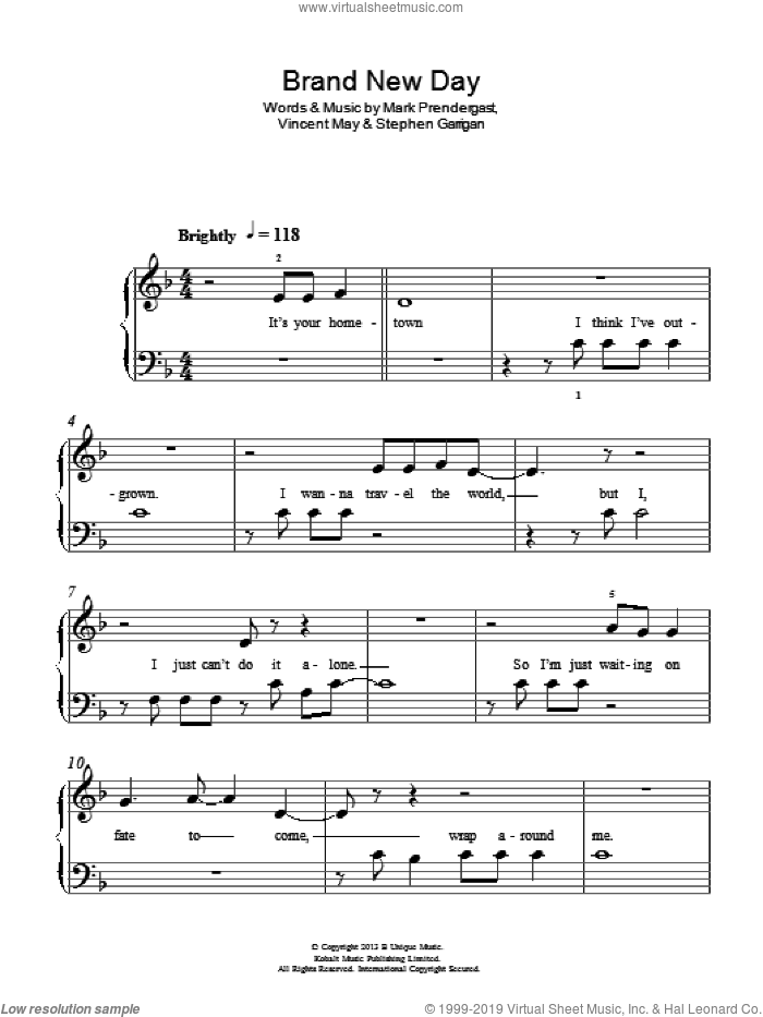 Brand New Day sheet music for piano solo by Kodaline, Mark Prendergast, Stephen Garrigan and Vincent May, easy skill level