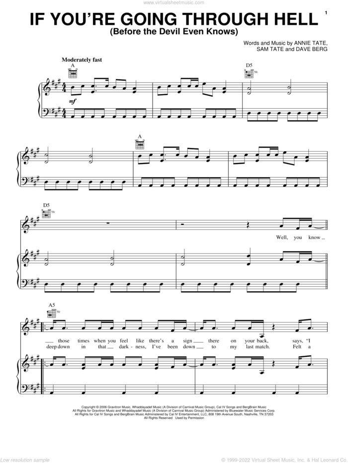 If You're Going Through Hell (Before The Devil Even Knows) sheet music for voice, piano or guitar by Rodney Atkins, Annie Tate, Dave Berg and Sam Tate, intermediate skill level