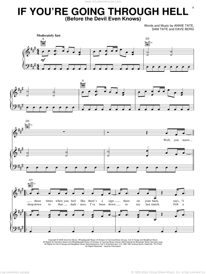 If You're Going Through Hell (Before The Devil Even Knows) sheet music for voice, piano or guitar by Rodney Atkins, Annie Tate, Dave Berg and Sam Tate, intermediate skill level