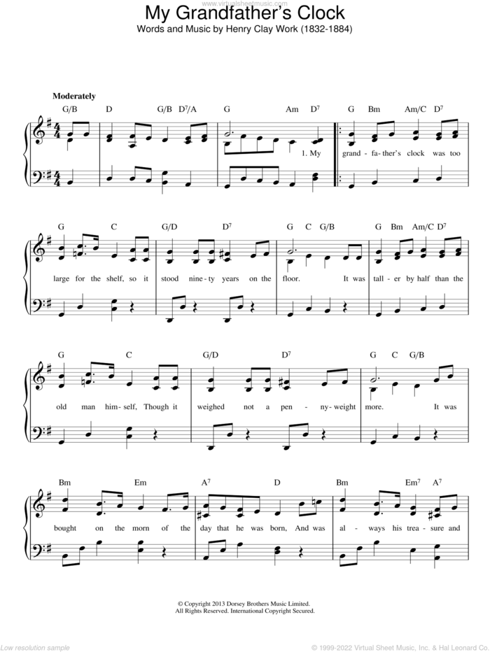 My Grandfather's Clock sheet music for piano solo by Henry Clay Work, intermediate skill level