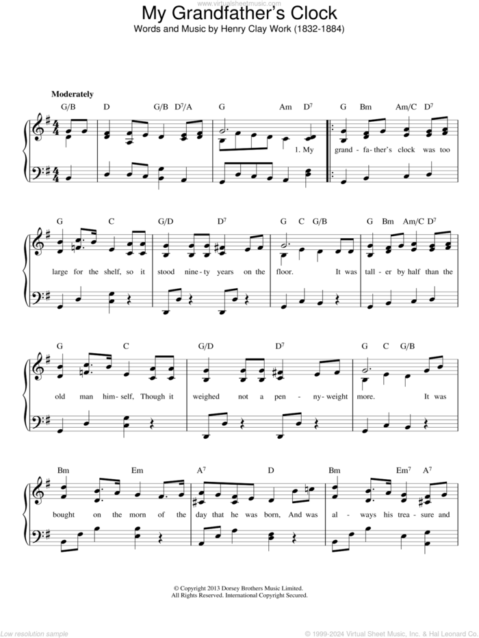 My Grandfather's Clock sheet music for piano solo by Henry Clay Work, intermediate skill level