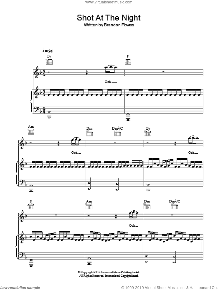 Shot At The Night sheet music for voice, piano or guitar by The Killers and Brandon Flowers, intermediate skill level