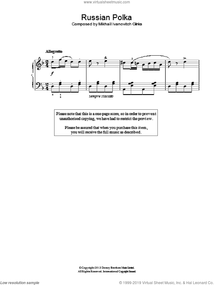 Russian Polka sheet music for piano solo by Mikhail Glinka, classical score, easy skill level