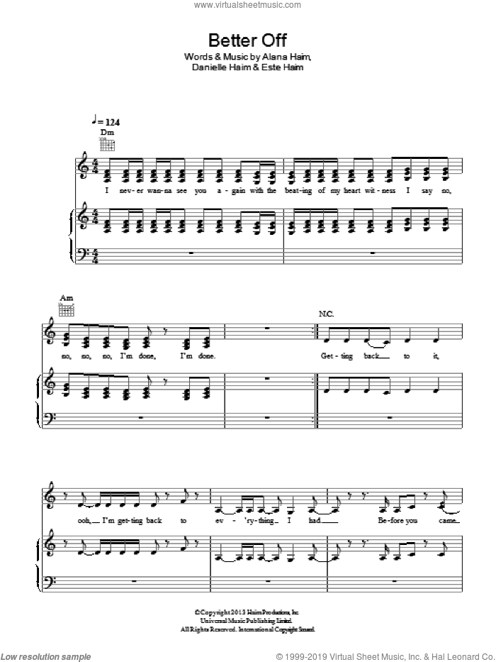 Better Off sheet music for voice, piano or guitar by Haim, Alana Haim, Danielle Haim and Este Haim, intermediate skill level