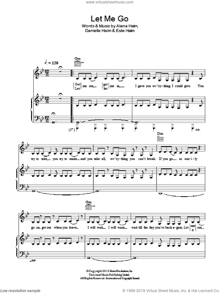 Let Me Go sheet music for voice, piano or guitar by Haim, Alana Haim, Danielle Haim and Este Haim, intermediate skill level
