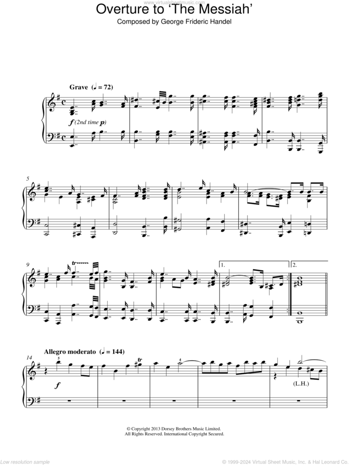 Overture to 'The Messiah' sheet music for piano solo by George Frideric Handel, classical score, intermediate skill level