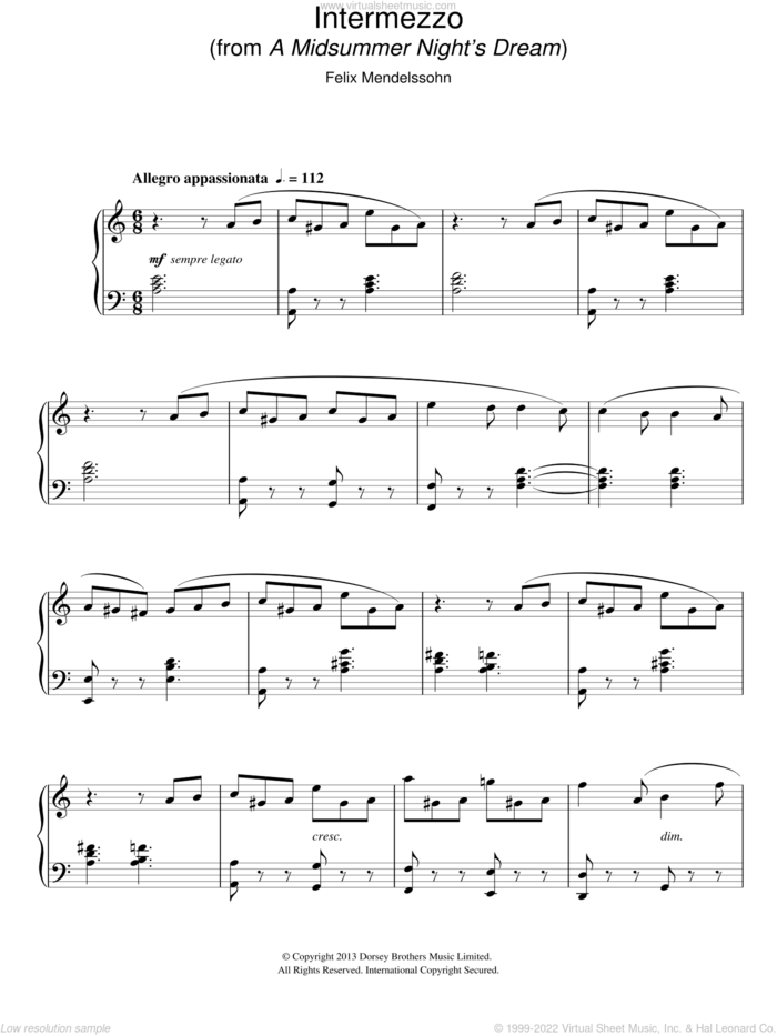 Intermezzo (from a Midsummer Night's Dream) sheet music for piano solo by Felix Mendelssohn-Bartholdy, classical score, intermediate skill level