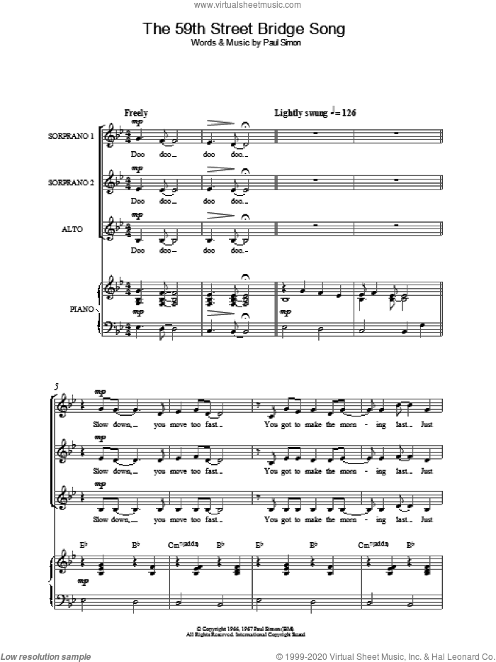 The 59th Street Bridge Song (Feelin' Groovy) sheet music for choir (SSA: soprano, alto) by Simon & Garfunkel and Paul Simon, intermediate skill level