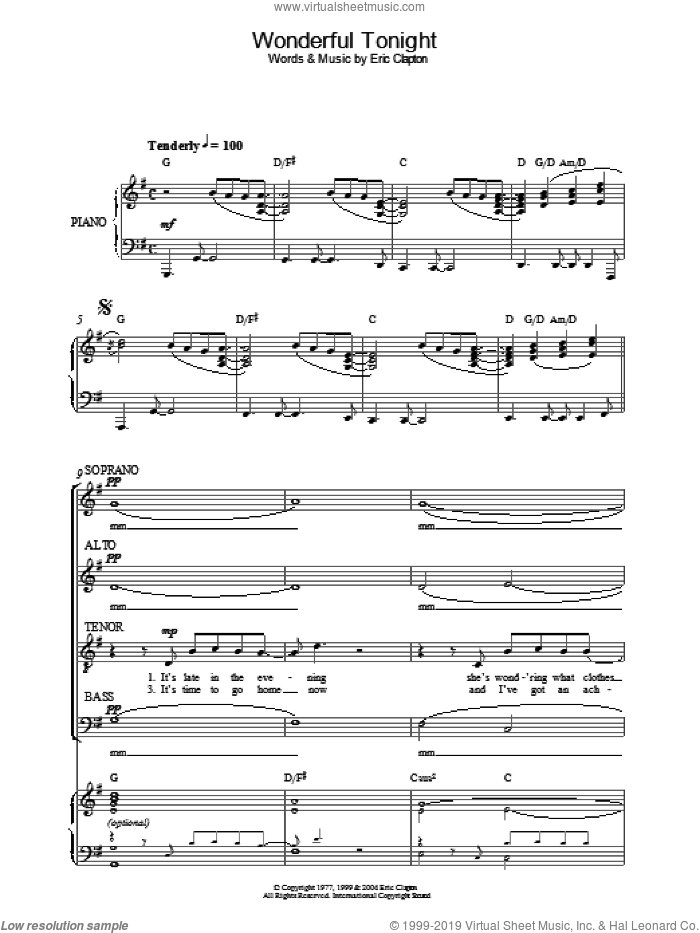Wonderful Tonight sheet music for choir by Eric Clapton, wedding score, intermediate skill level