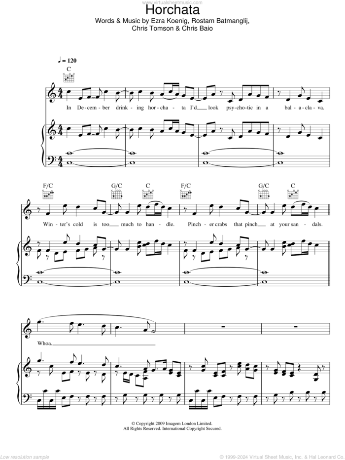 Horchata sheet music for voice, piano or guitar by Vampire Weekend, Chris Baio, Chris Tomson, Ezra Koenig and Rostam Batmanglij, intermediate skill level