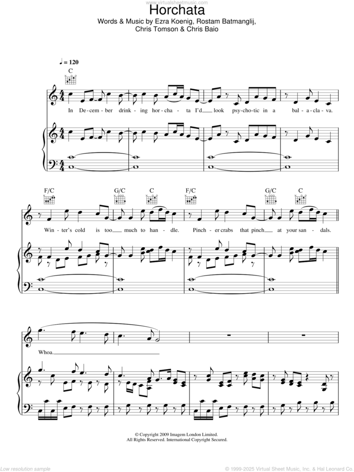 Horchata sheet music for voice, piano or guitar by Vampire Weekend, Chris Baio, Chris Tomson, Ezra Koenig and Rostam Batmanglij, intermediate skill level