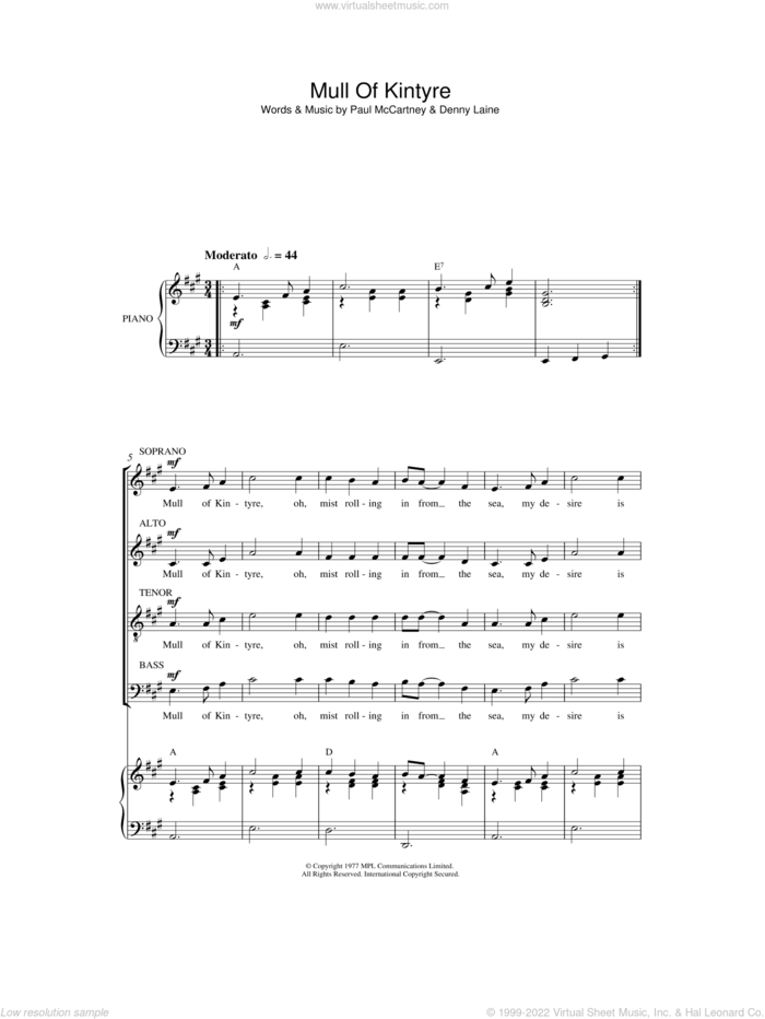 Mull Of Kintyre sheet music for choir by Paul McCartney and Denny Laine, intermediate skill level