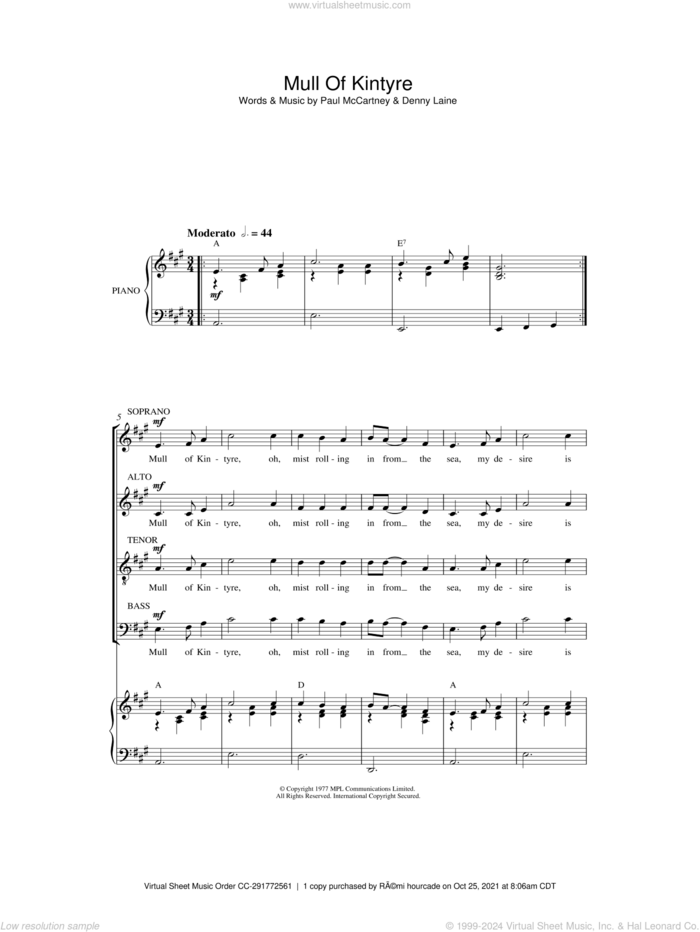 Mull Of Kintyre sheet music for choir by Paul McCartney and Denny Laine, intermediate skill level