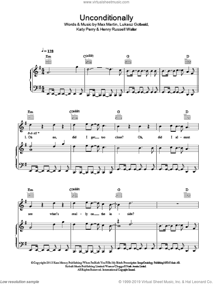 Unconditionally sheet music for voice, piano or guitar by Katy Perry, Henry Russell Walter, Lukasz Gottwald and Max Martin, intermediate skill level
