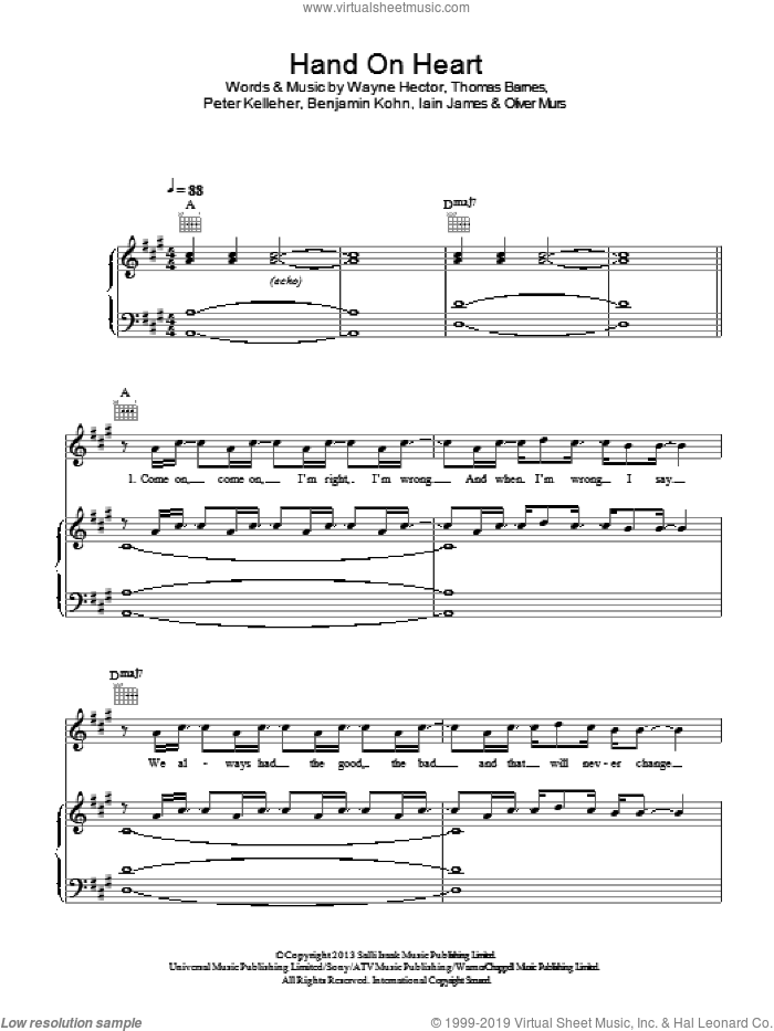 Hand On Heart sheet music for voice, piano or guitar by Olly Murs, Benjamin Kohn, Iain James, Oliver Murs, Peter Kelleher, Thomas Barnes and Wayne Hector, intermediate skill level