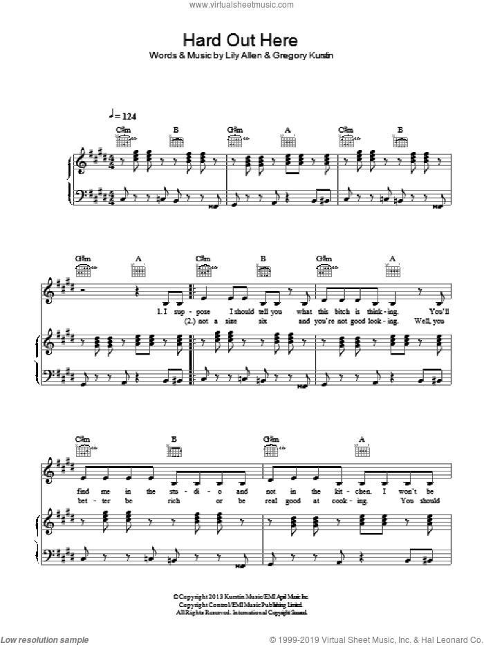 Hard Out Here sheet music for voice, piano or guitar by Lily Allen and Gregory Kurstin, intermediate skill level
