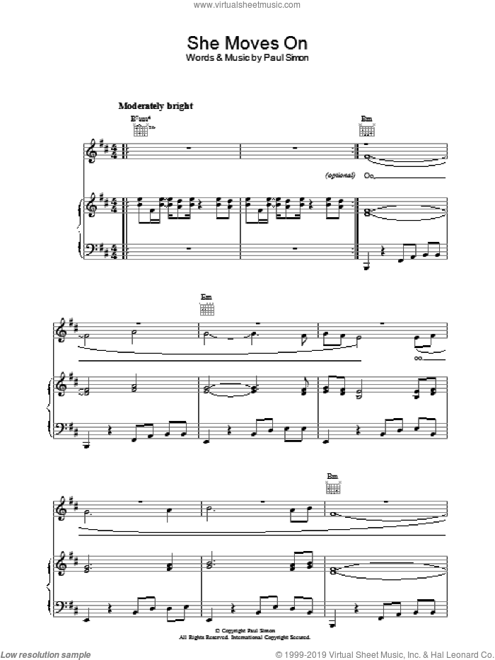 She Moves On sheet music for voice, piano or guitar by Paul Simon, intermediate skill level