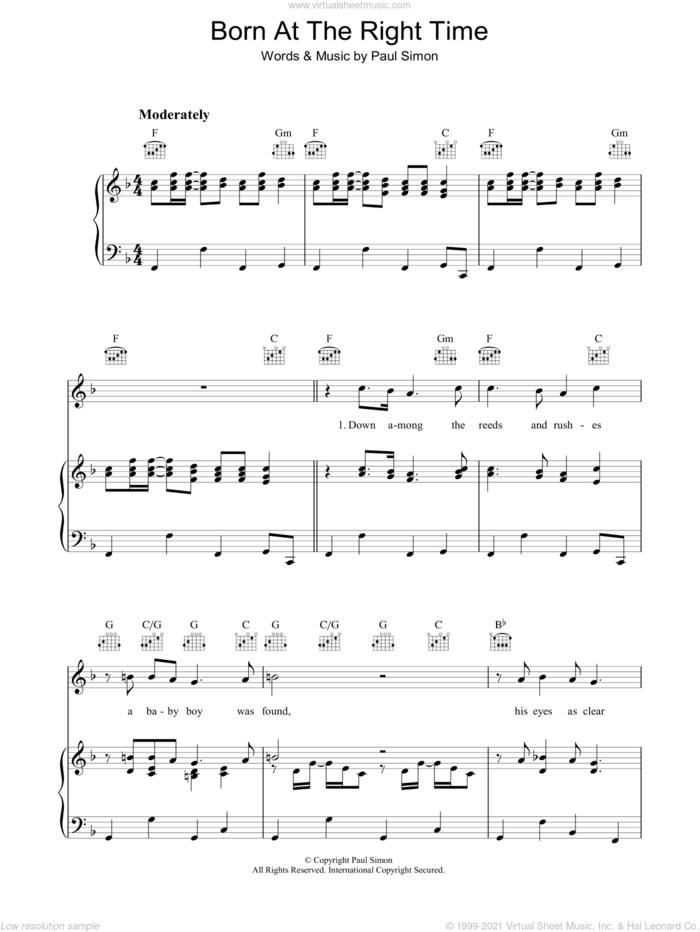 Born At The Right Time sheet music for voice, piano or guitar by Paul Simon, intermediate skill level