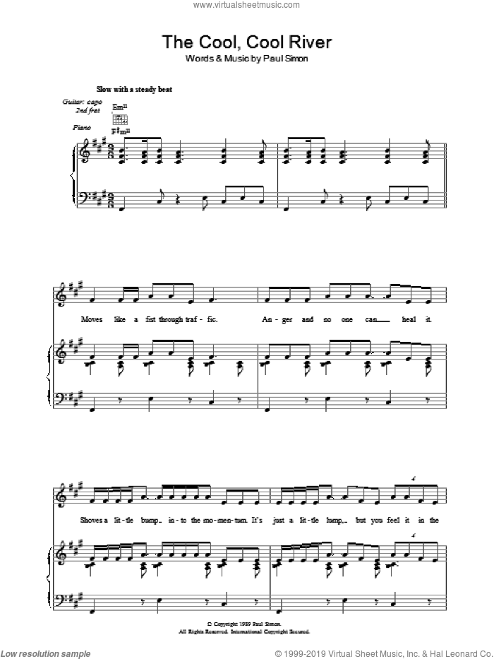 The Cool, Cool River sheet music for voice, piano or guitar by Paul Simon, intermediate skill level